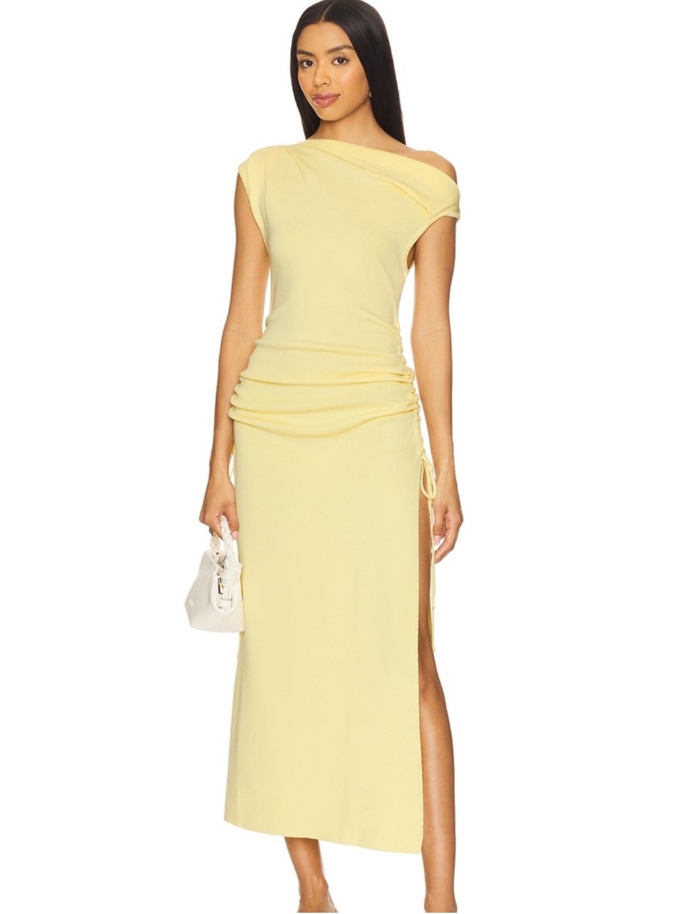 Lioness Pale Yellow Off-Shoulder Maxi Dress with Side Ruched Slit - Size Medium
